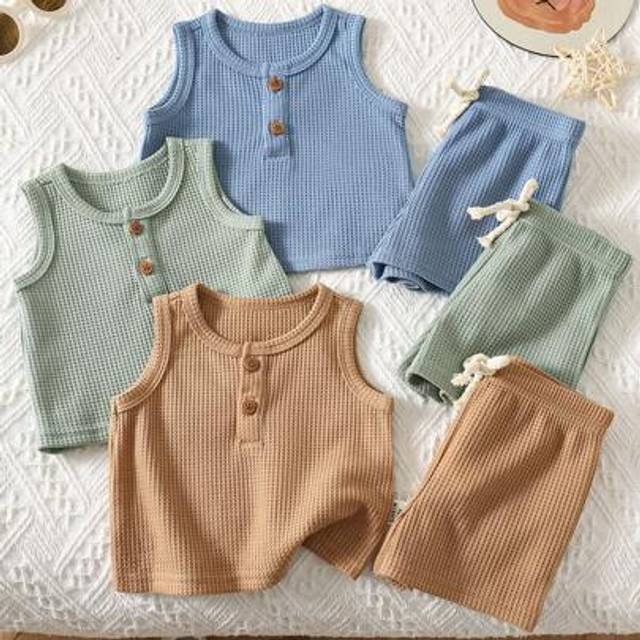 SHEIN 6pcs Newborn Baby Boy/Girl Summer Casual Minimalist Solid Color Vest Top And Elastic Waist Shorts Set, Essential Basic Outfit