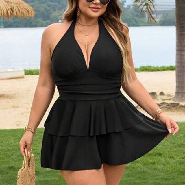 SHEIN Plus Size 2pcs Set Plus Size Black Ruched Multi-Layer Frill Hem Beach Vacation Style Women&#39;s Swimsuit And Triangle Bikini Bottom, Summer