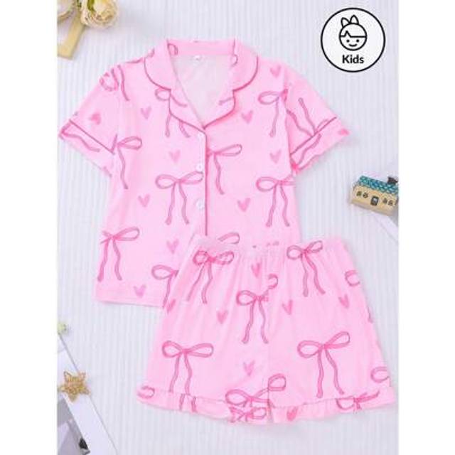 SHEIN 2pcs Girls Sweet Bow & Heart Print Short Sleeve Pajamas Set, Lightweight Summer New Open Cardigan Cute Pink Big Bow For Little & Big Girls Daily Wear,