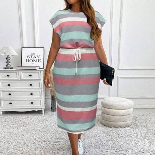 Calvaya Plus Size Striped Crew Neck Capped Sleeve Bodycon Split Drawstring Midi Casual Dress, Autumn/Winter Maxi Women Outfit Work Summer Dresses Woman S Summ
