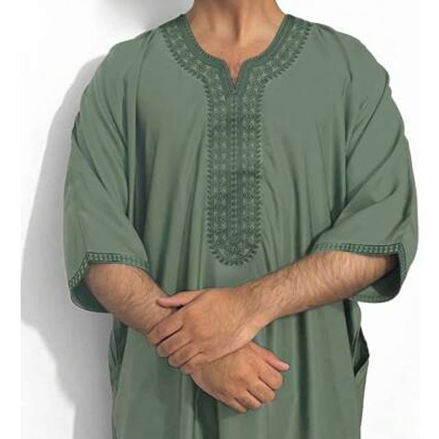 SHEIN Men&#39;s Moroccan Style Short Sleeve Embroidered Robe With Side Pockets, Islamic Men&#39;s Casual Loungewear Robe, Ramadan Robe For Men