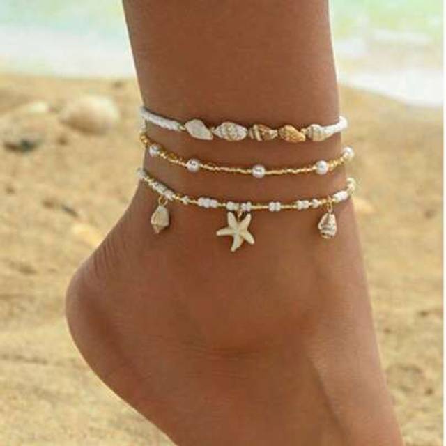 SHEIN 3pcs/Set Fashionable Summer Beach Resort Style Starfish, Shell & Pearl Anklet Foot Jewelry For Girls