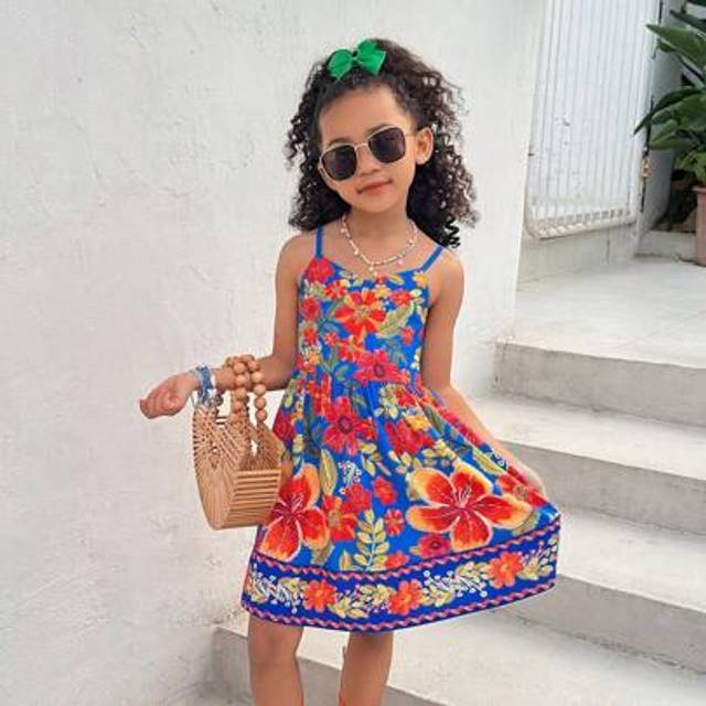 SHEIN Young Girls Tropical Print Camisole Dress, Suitable For Vacation, Beach, Mommy And Me Matching Outfits (3 Pieces Are Sold Separately)