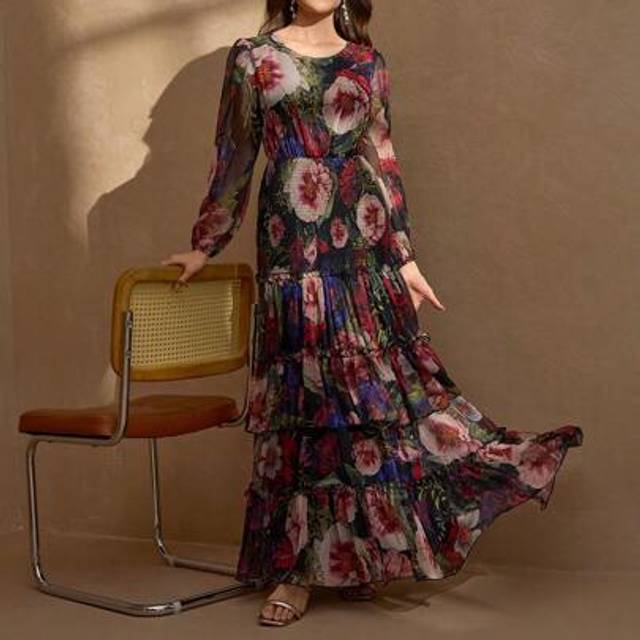 SHEIN Women&#39;s Round Neck Full-Floral Random Flower Print Shirred Hip Design Tiered Ruffle Hem Lantern Sleeve Maxi Elegant Dress