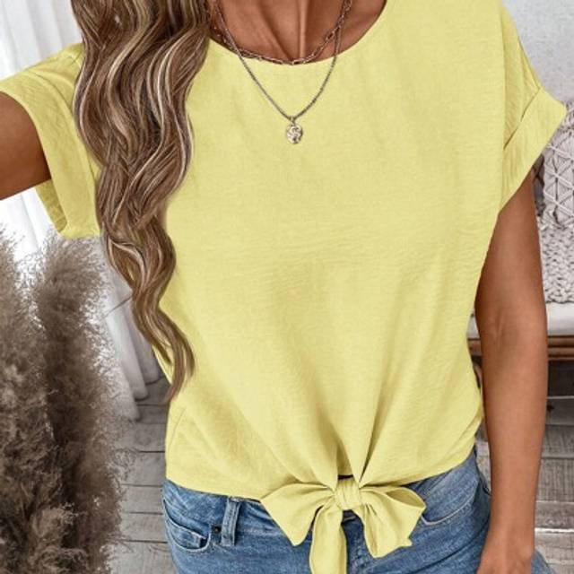 Luneh Women Casual Solid Color Tie Up Short Sleeve Blouse, Daily Basic Outfit, Spring/Summer