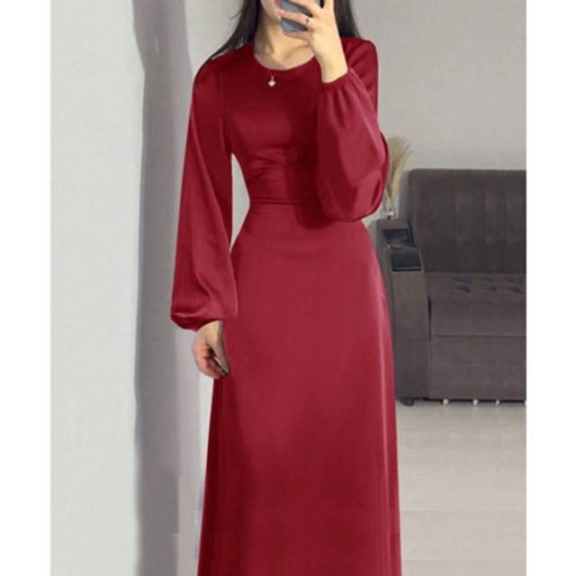 SHEIN Women&#39;s Solid Color Elegant Lantern Sleeve Modest A-Line Long Dress