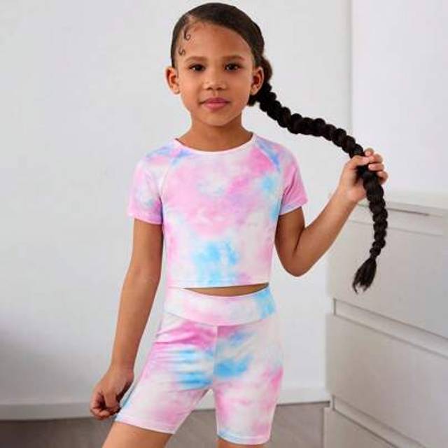 SHEIN 2pcs/Set Young Girl Tie-Dye Knit Raglan Top And Shorts Sportswear Set