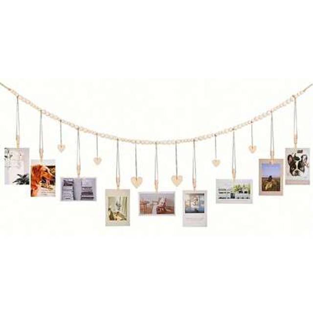 SHEIN 1set Wooden Bead Photo Clip Storage, Photo Display With Wooden Bead String (With 9 Clips),Hanging Photo Frame Photo Storage Rope Bead String With Clip