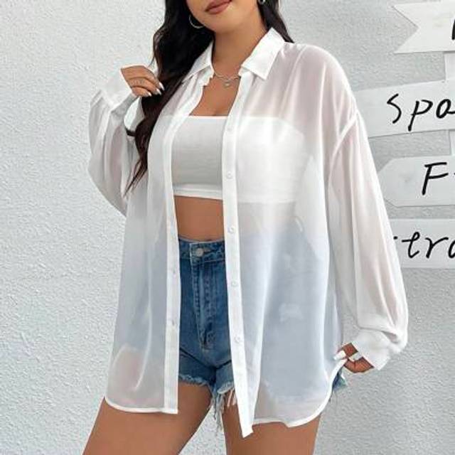 SHEIN Plus Size Women&#39;s Summer Autumn Back To School Date Beach Hawaii Casual Daily Versatile Sexy Sheer Flowy Solid Open Front Long Sleeve Blouse