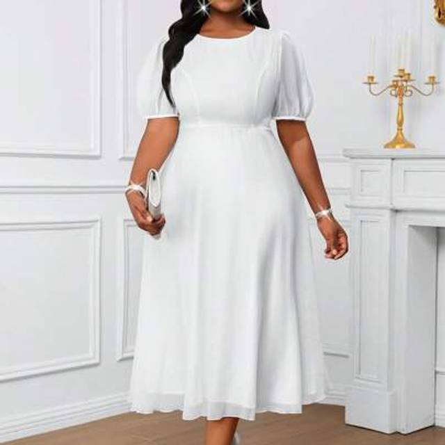 SHEIN Spring And Summer Elegant Party Wedding Cocktail Party Concert/Music Festival White Woven Round Neck Puff Sleeve Midi Plus Size Dress