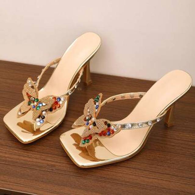SHEIN Women&#39;s Fashion Luxury Colorful Rhinestone Pearl Decor Butterfly Strap Peep Toe Transparent Asymmetric High Heel Sandals, Elegant Sexy