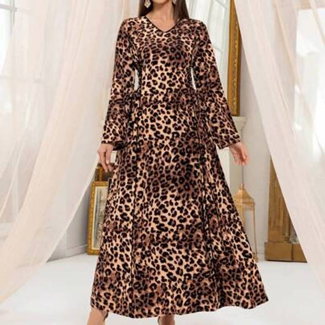 SHEIN Women Leopard Print Tunic Waist Long Sleeve Dresses Elegant Long Sleeve Robe Abaya Modest Kafftan Jalabiya Arabian Dresses Ramadan Style For Summer Dr