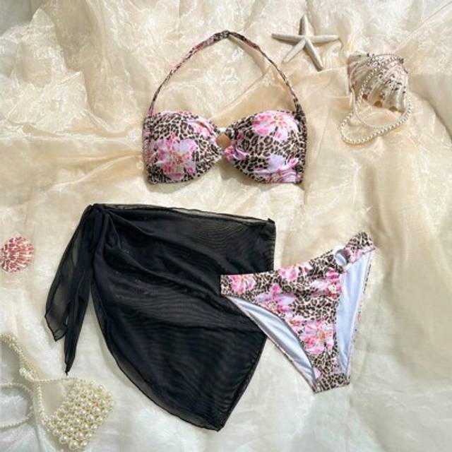 SHEIN Teen Girl Floral Print Ruffled Bandeau Bikini Top & Bottoms, Plus Net Printed Skirt, Comfortable Holiday Outfit, Suitable For Spring/Summer /Bathing S