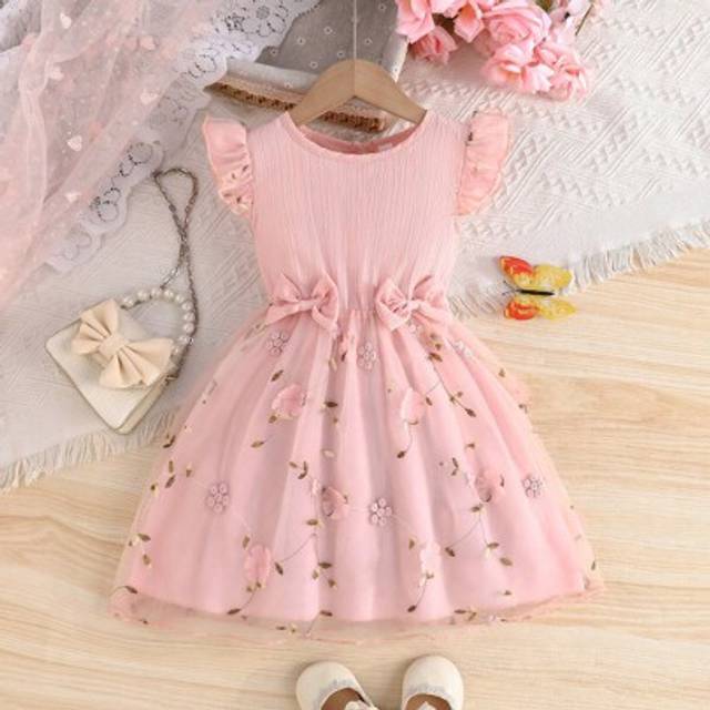 SHEIN Young Girl Cap Sleeve Bow Decor Princess Dress With Embroidered Mesh Skirt
