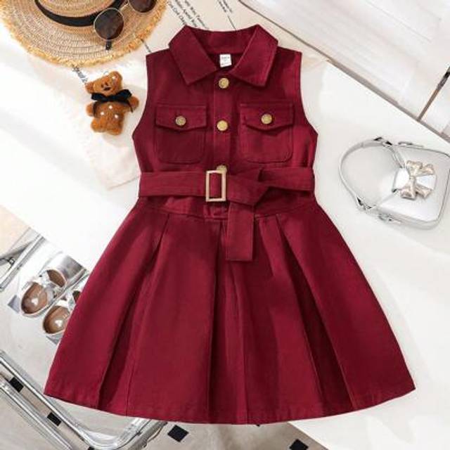 SHEIN Young Girl&#39; Denim Sleeveless Dress With Shirt Collar, Pocket Stylish Denim Princess Dress, Fit For Daily Outings Or Party, Spring