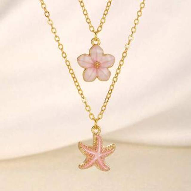 SHEIN 2pcs/Set Exquisite Stylish Sweet Five-Petal & Starfish Pendant Clavicle Necklace For Girls Summer Beach Vacation Party Holiday Travel Jewelry Accessor