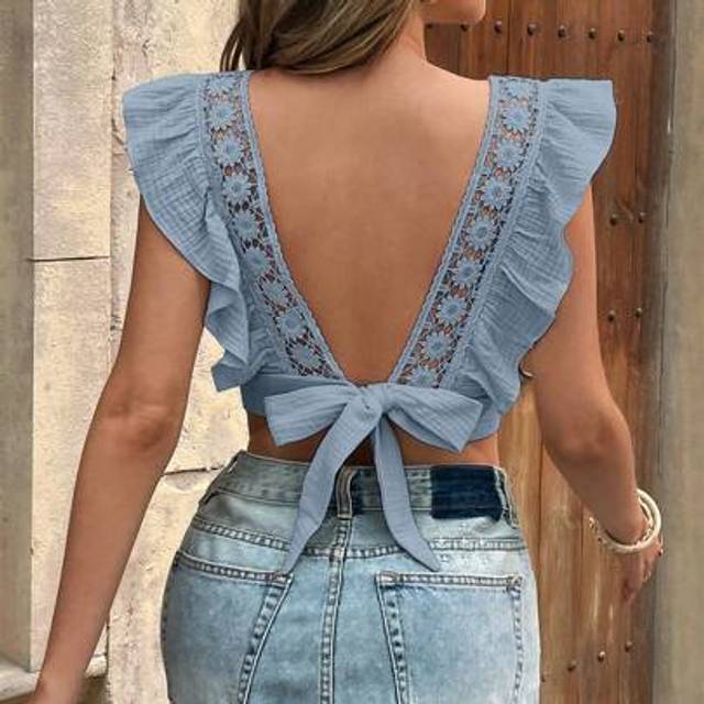 SHEIN Women&#39;s Vacation & Casual Solid Color Lace Patchwork Tie-Up Backless Ruffle Hem Blouse