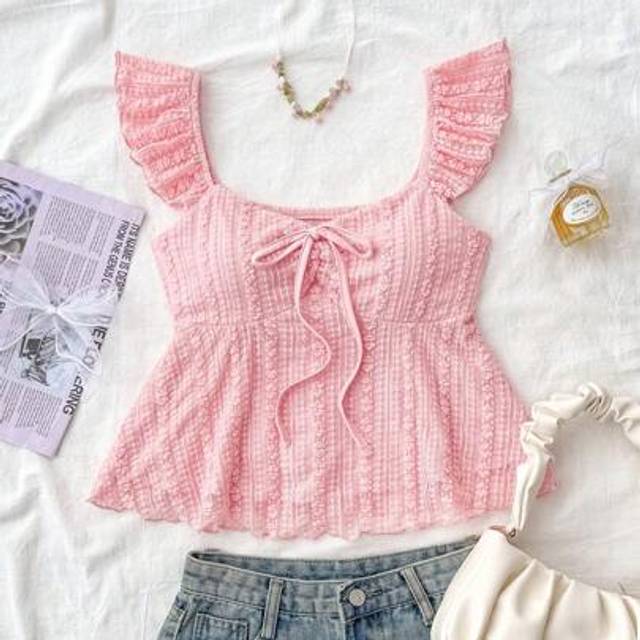 SHEIN Teen Girls Casual, Homewear, Lace Trim Knit Elastic Ruffled Hem T-Shirt Clothing/Mock 2 Pieces, Butterfly Knot, Cute, Girly, Sweet, T-Shirt Tops, Suit