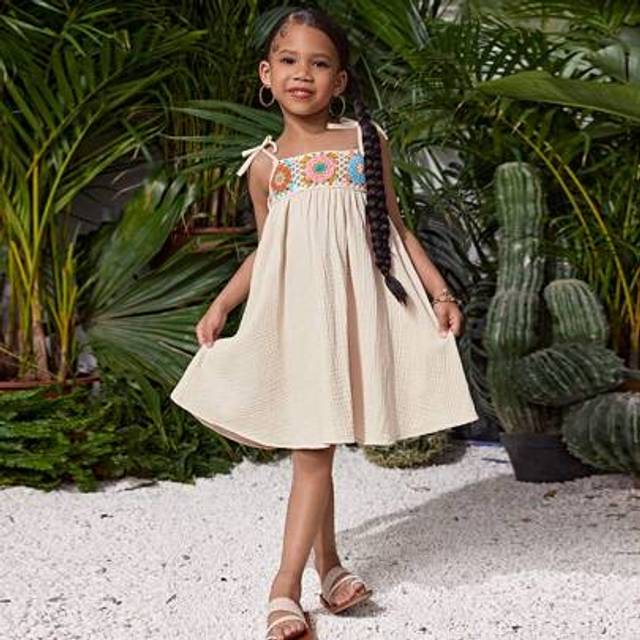 SHEIN Young Girl Woven Solid Color Splicing Ribbon Strap Sleeveless Dress