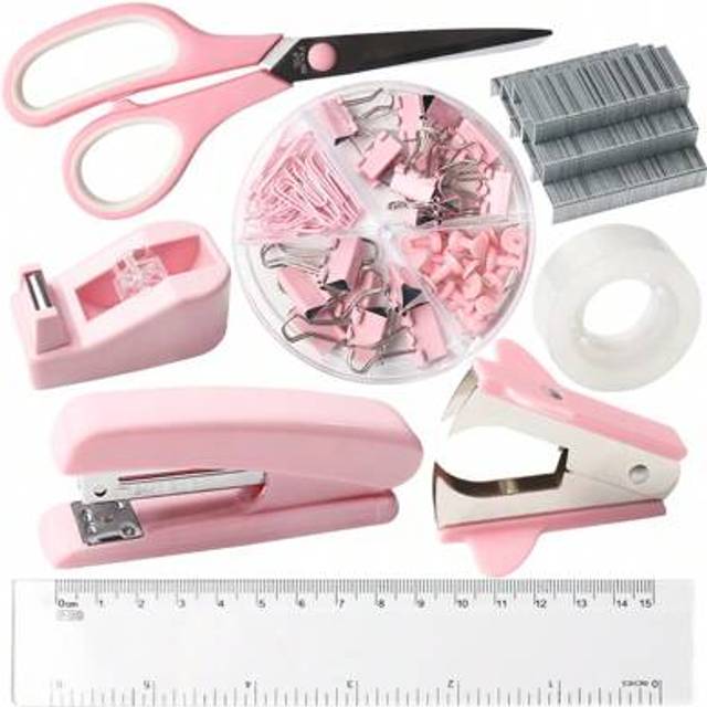 SHEIN Pink Stationery Set Pink Desk Accessories Stapler And Tape Dispenser Set With Transparent Ruler Stapler, Pink Scissors Tape Dispenser Pink Staple Remo