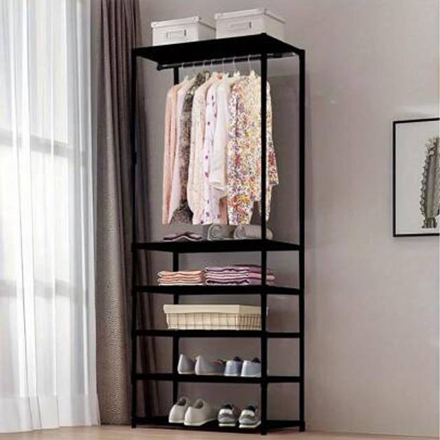 SHEIN Clothe Rail Clothing Rack Heavy Duty 177*55*36cm Freestanding Garment Rack With 5-Tier Storage Shelves Shoe Rack Wardrobe Display Stand Closet Organiz