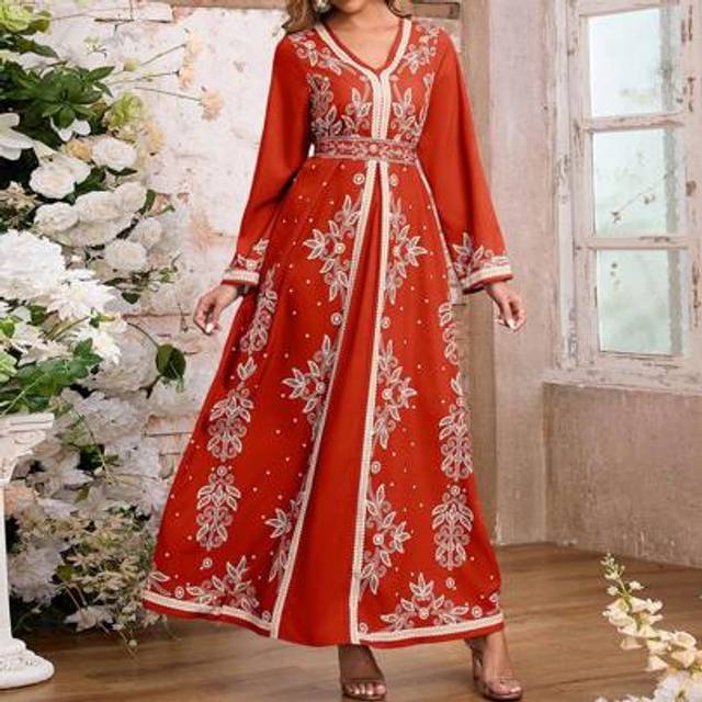 SHEIN Women&#39;s Muslim Abaya Long Dress Printed Belt Abaya Evening Dress, Modest Kaftan