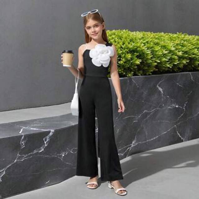 SHEIN Plus Size Girls&#39; Fitted Jumpsuit With 3D Flower Design, Suitable For Party And Holiday Occasions