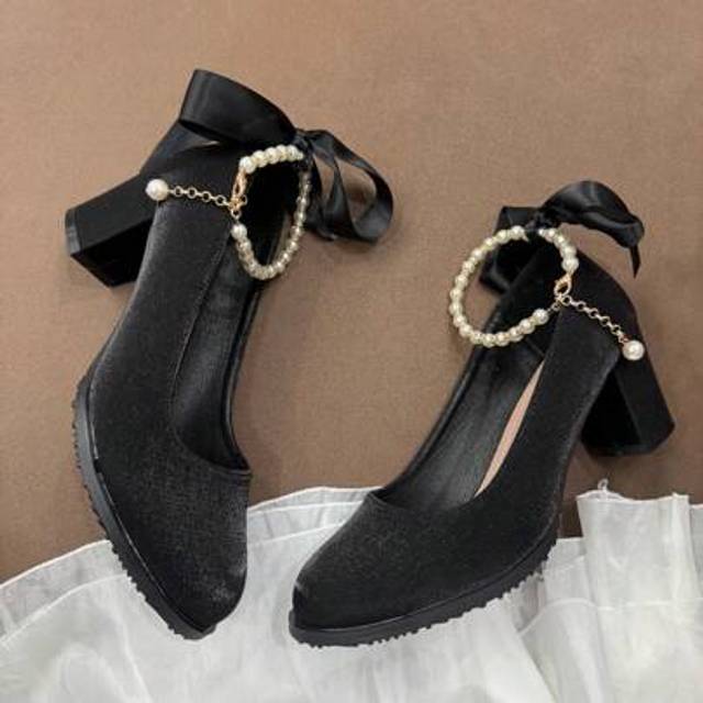 SHEIN Girl&#39;s Elegant Crystal & Pearl Decor Ribbon Thick Heel Pumps, Suitable For Dress And Formal Occasions, Adjustable Ankle Strap