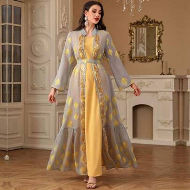 SHEIN Women&#39;s Fashion Round Neck Solid Color Dress With Sequins, Beaded Embroidery, Long Sleeve, Waist Belt 2 Pieces Set, Festival Dress, Modest