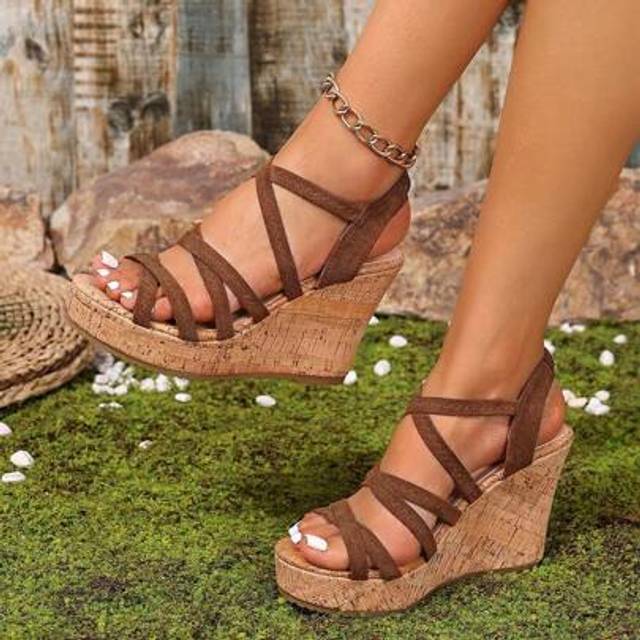 SHEIN Women&#39;s Summer Chunky Cork Platform Sandals - Open Toe Design, High Heel Thick Bottom Khaki Wedge Sandals, Casual Beach Essential, Woven Sandals