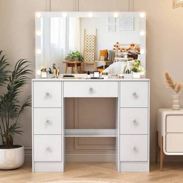 SHEIN Easter Gifts White Modern Dressing Table Set With Large Mirror And 7 Drawers Wood Makeup Desk
