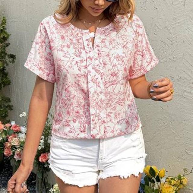 Luneh Vintage Floral Print V-Neck Short Sleeve Casual Vacation Elegant Blouse For Women