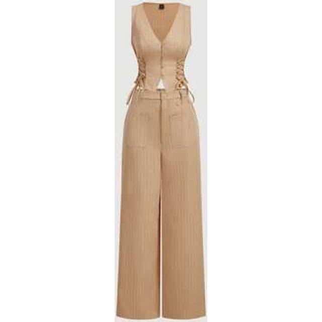 SHEIN V-Neck Sleeveless Side Tie Waist Straight Pants Apricot Striped Suit Set,Early Autumn Outfit Back To School Preppy Tops 2pcs Set Apricot Pants Old Mon