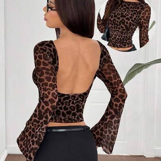 SHEIN Women&#39;s New Leopard Print Mesh Flare Sleeve Backless T-Shirt