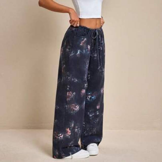 SHEIN Women&#39;s Tie Dye Pattern Waist Tie Pocket Wide Leg Loose Casual Jeans