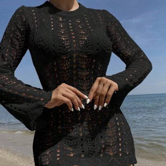 SHEIN Women&#39;s Vacation Beach Solid Color Deep V-Back Long Sleeve Coverup Dress For Summer Beach Vacation
