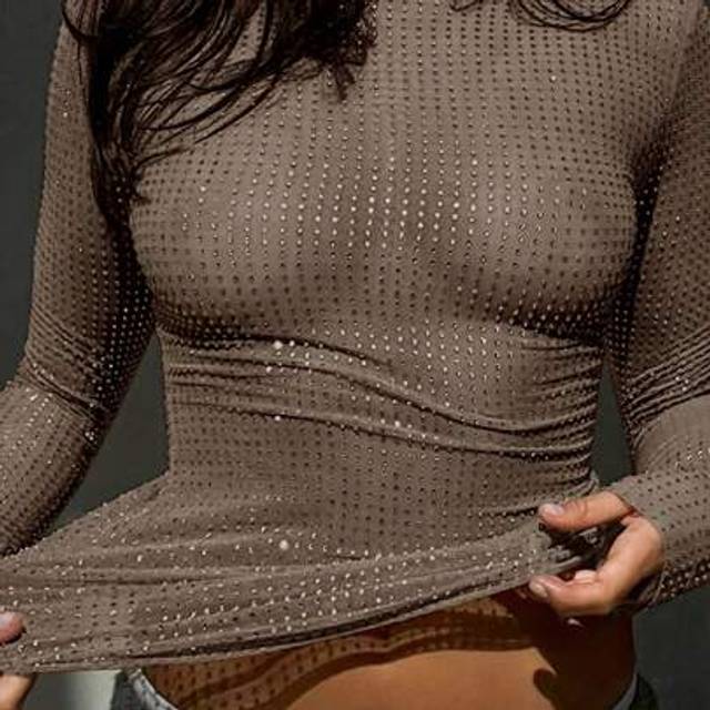 SHEIN Y2K Sparkling Beaded Crew Neck Long Sleeve Slim Fit Mesh T-Shirt Going Out Tops