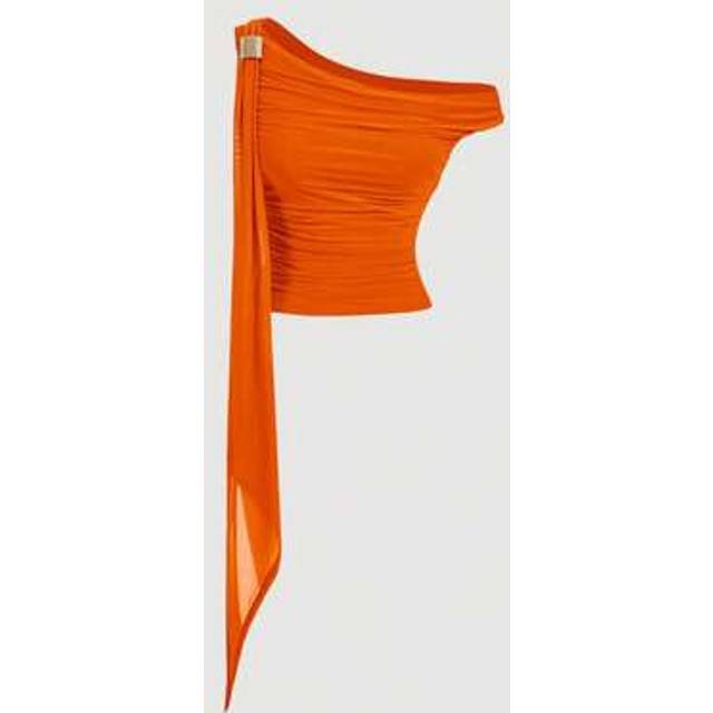 SHEIN Asymmetric Retro Metallic Decor Ruffle 70s Vest In Orange, Western Style, Boho Off The Shoulder Top
