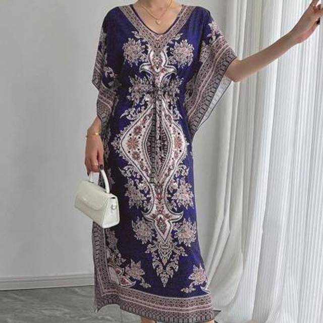SHEIN Middle Eastern Loose V-Neck Breathable High-End Quality Casual Two-Way Elastic Slimming Vacation Short Sleeve Dress Robe Abaya Long Dress, Plus Size,