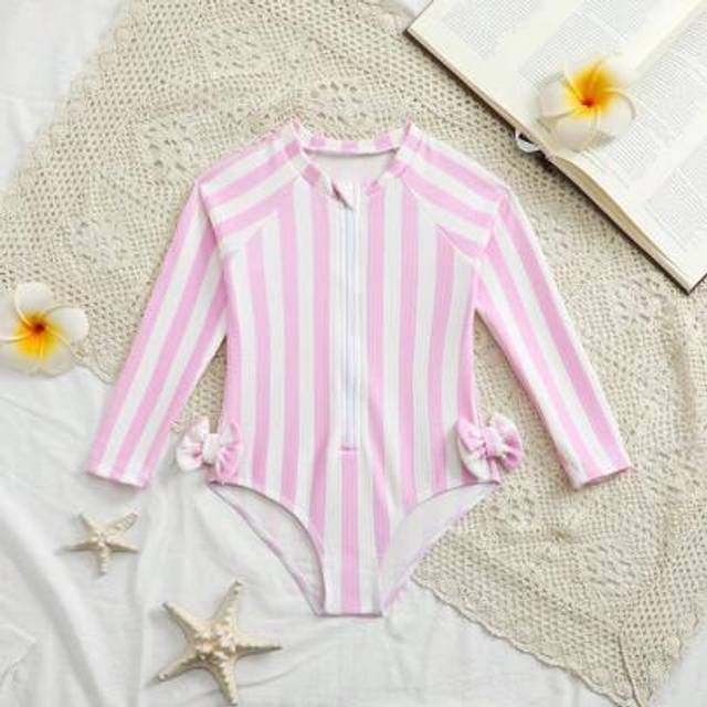 SHEIN Young Girl Summer Vacation Beach Striped Bow Decor One-Piece Swimsuit Swim Suit For Girls Long Sleeve