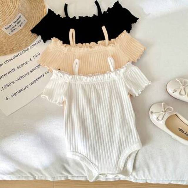 SHEIN Newborn Baby Girl Casual Cute Solid Color Knitted Off Shoulder Short Sleeve Bodysuit, Buy 1 Get 3