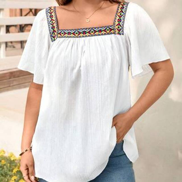 Luneh Plus Size Women Square Neck Embroidery Tape Flowy Sleeve Retro Print Trim Blouse Top Cowgirl Summer Outfits For Women Graduation Spring Women Summer C