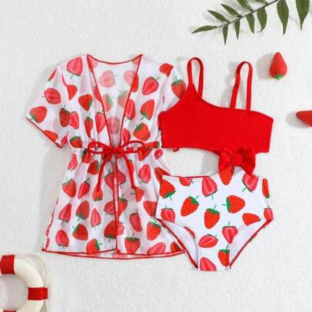 SHEIN 2pcs/Set Baby Girls Swimsuit, Cute Strawberry Print & Bow Decor Swimwear With Sunscreen Cover Up