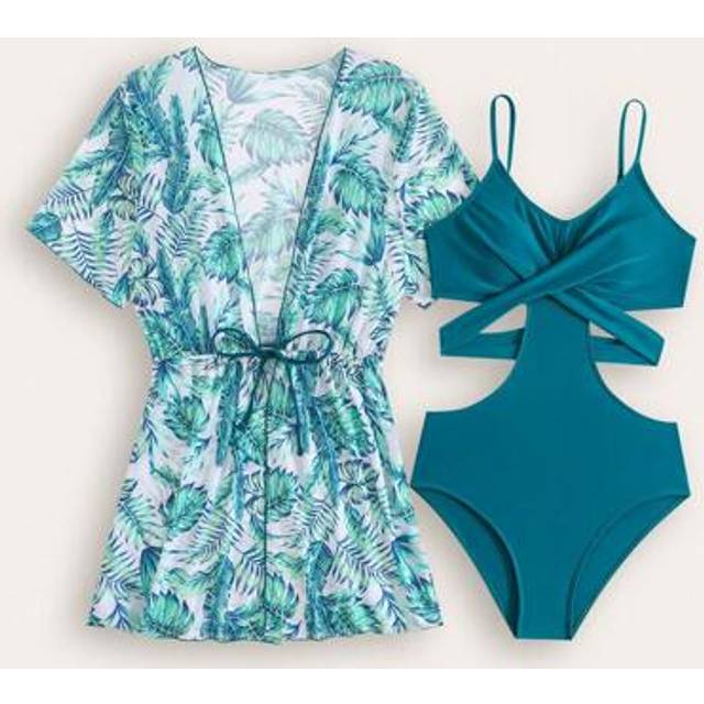 SHEIN New Fashion Cross Front Solid Color Teenage Girls One Piece Swimsuit