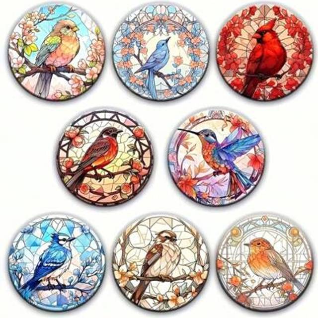 SHEIN Set Of 8 Bird-Themed Wooden Coasters - Round Heat-Resistant Drink Mats, Suitable For Home And Party Decor, Hand Washable, Ideal Gift For Christmas, Ea