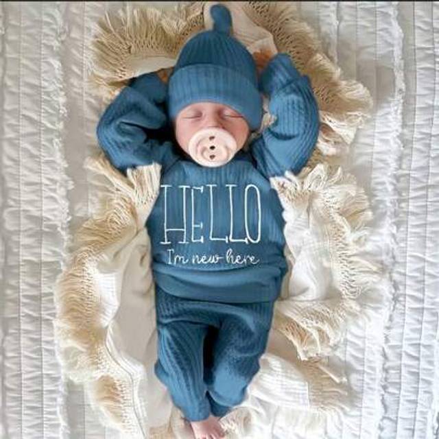 SHEIN Newborn HELLO Letter Embroidery Outfit Set, Infant Baby Boys/Girls Top Pants Hat Photography Clothing 1-100 Days