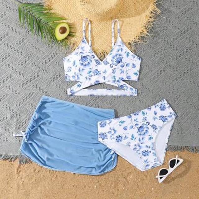 SHEIN Teen Girl 3 Pieces Set: Floral Print Spaghetti Strap Bikini + Solid Color Mini Skirt, Swimsuit Print Assorted Young Girls Sets Summer Clothes For Wome