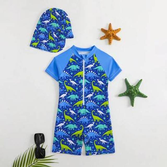 SHEIN Young Boy Dinosaur Print Sleeveless One-Piece Swimsuit With Shorts, Random Prints (Includes Hat) Young Boys 2 Pieces Young Boys Suit Set Beach Clothes