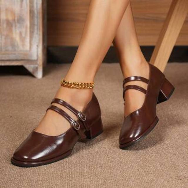 SHEIN Fashionable Women&#39;s Simple Versatile Double Buckle Thick Heel Mary Jane Shoes, Red High Heels, Violet Solid Color Ladies Flats