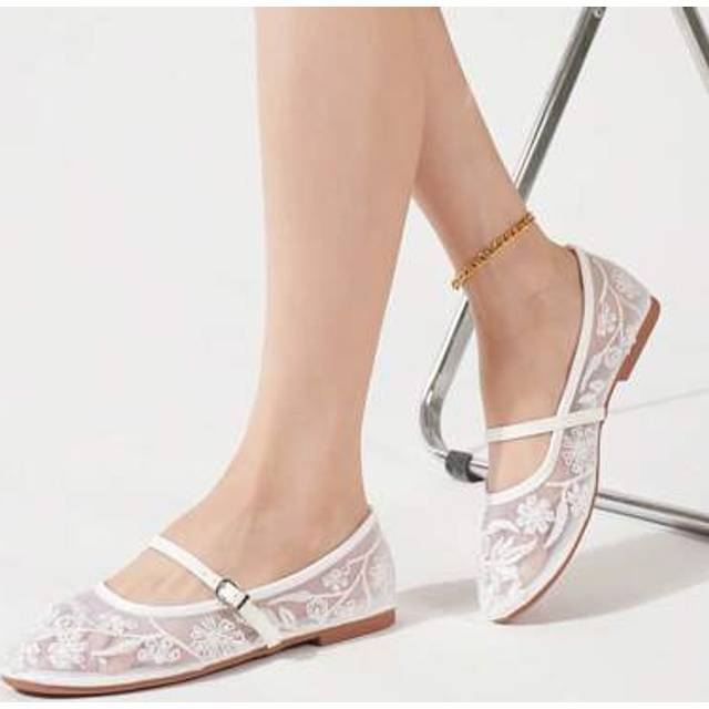 SHEIN Women Round Toe Mesh Ballerina Flats, Embroidered Floral & Pearl Decor Design, Elegant Minimalist Breathable Vintage Mary Jane Slip-On Style, Fashiona